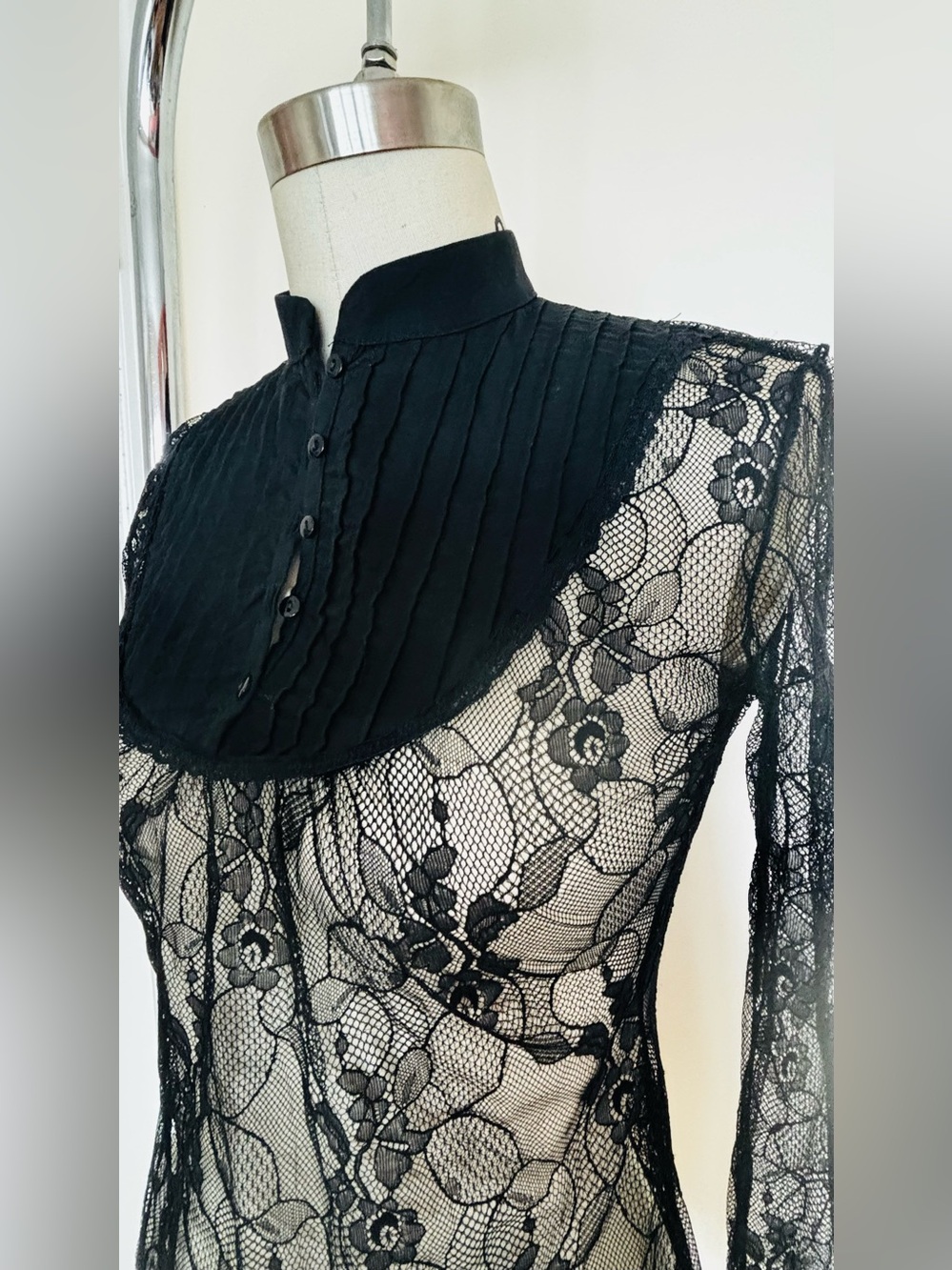 Black Sheer Floral Lace Top with Pleated Solid Bib Blouse